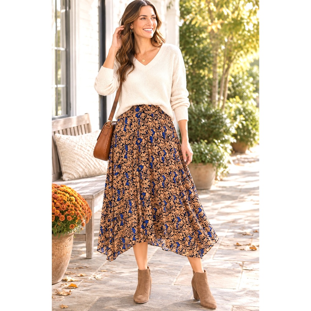Lucy Paris Anthro Pleated Asymmetrical Hem A Line Skirt M Tan & Blue NWT Fall